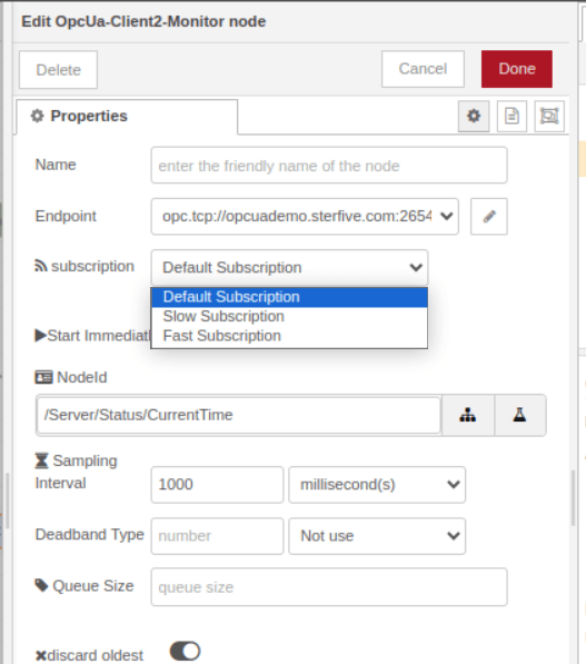 The Monitor node configuration "The Monitor node configuration with subscription, NodeId, sampling interval, deadband, and queue size"