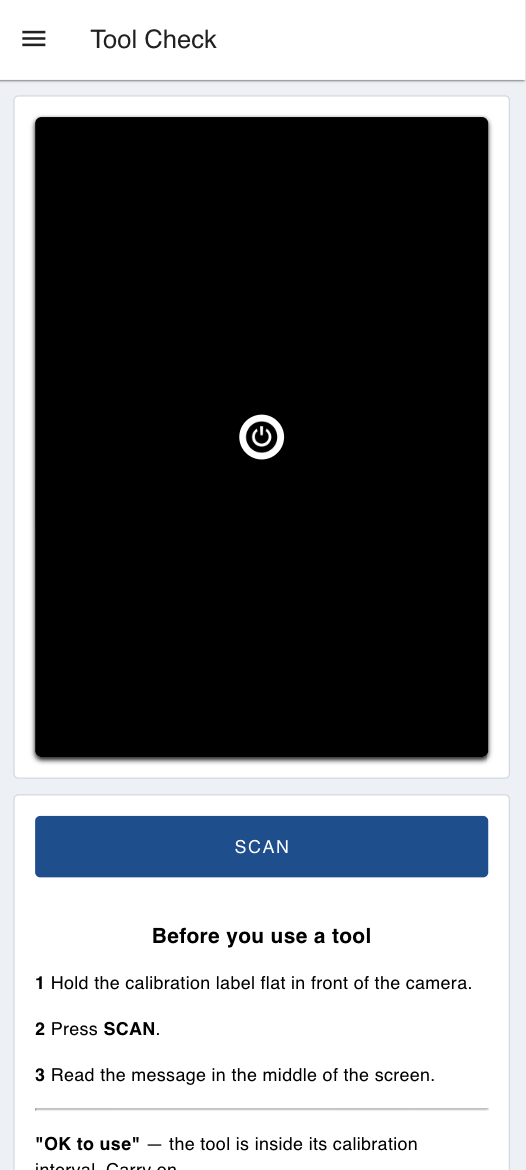 the Tool Check page with the camera preview and SCAN button